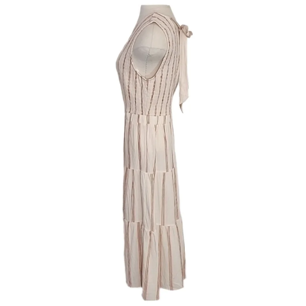 Wonderly Dress Cotton Striped Midi Smocked Bodice & Back Tie Neck Cream Size XL - Picture 4 of 14